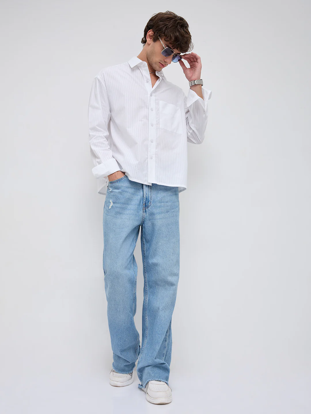 White Mist Sheer Stripe Boxy Crop Shirt - Image 8