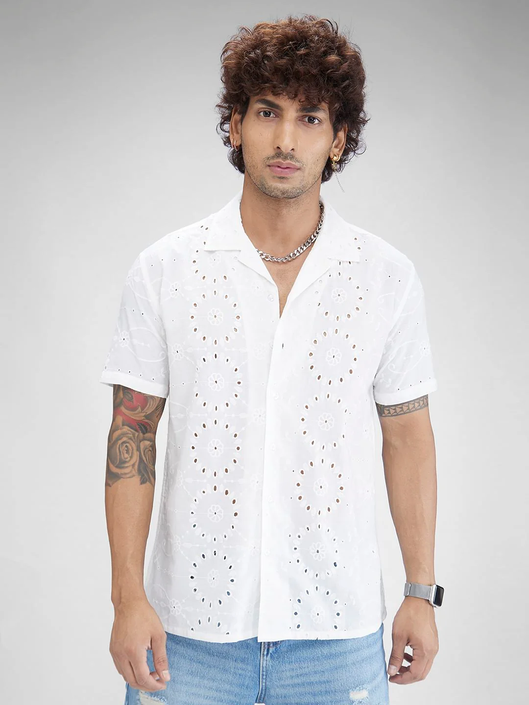 White Schiffli Oversized Resort Collar Shirt - Image 4