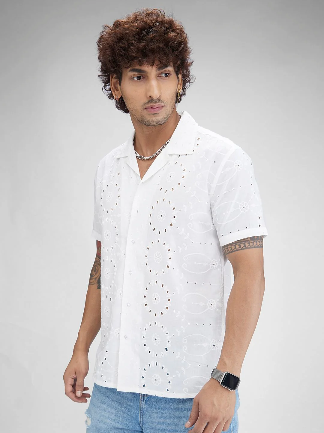 White Schiffli Oversized Resort Collar Shirt - Image 5