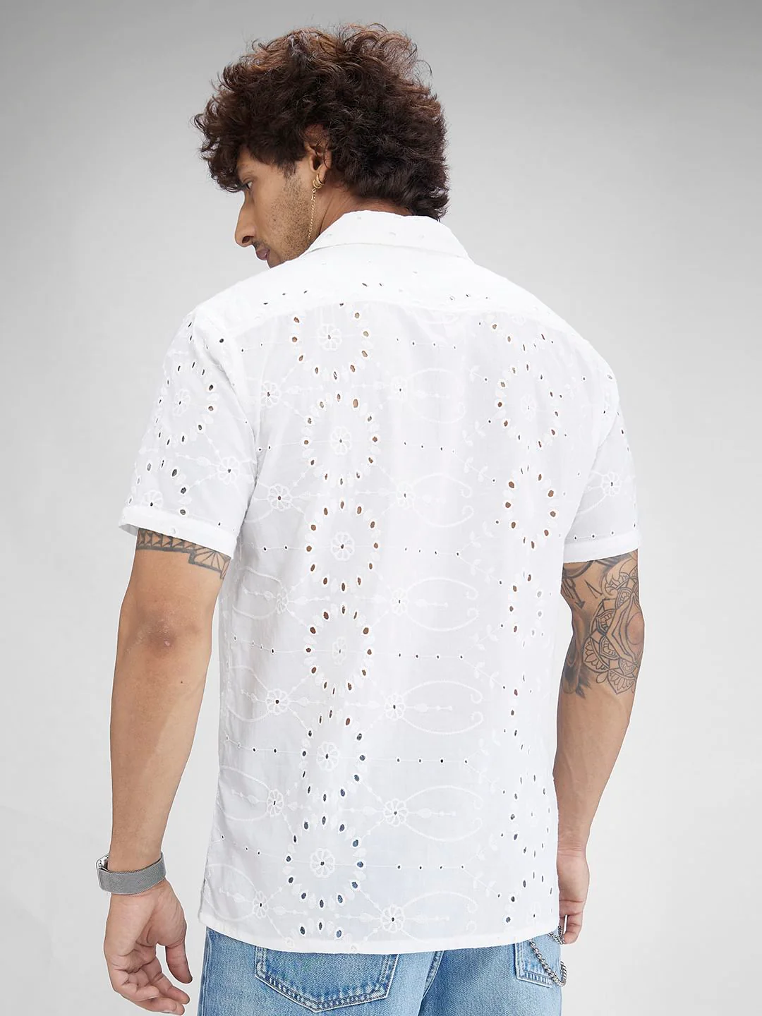 White Schiffli Oversized Resort Collar Shirt - Image 7