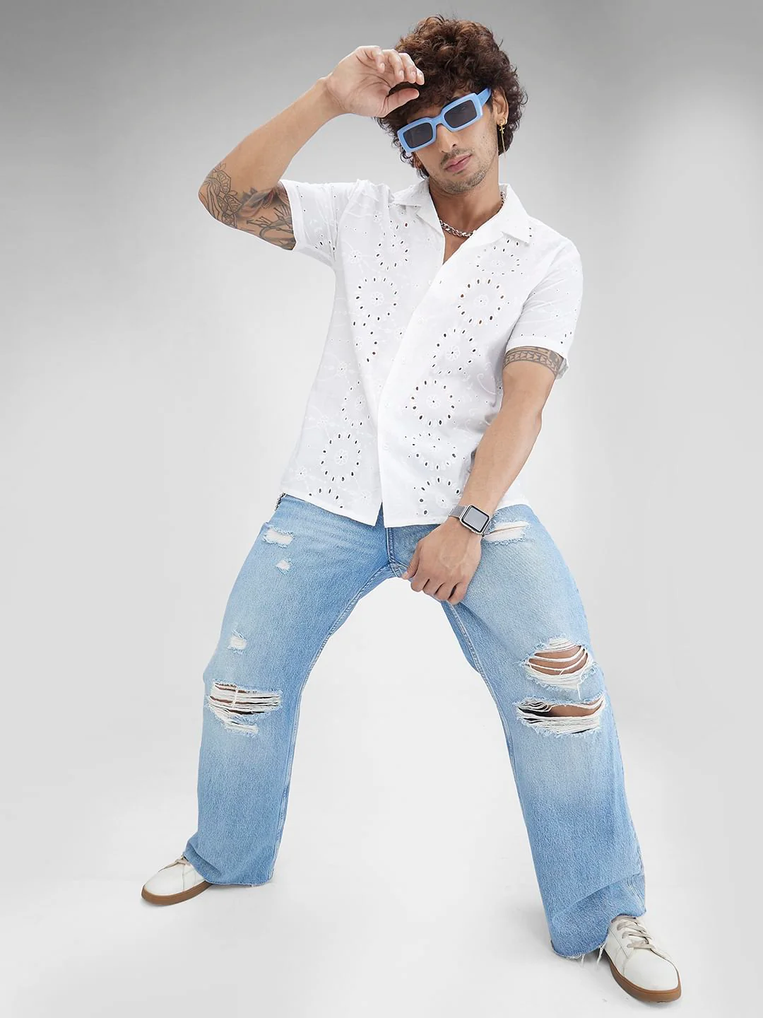 White Schiffli Oversized Resort Collar Shirt - Image 8