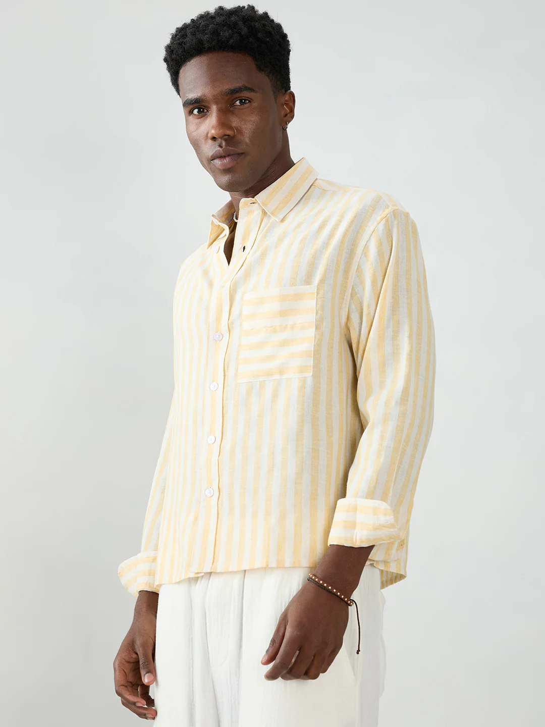 White & Yellow Balanced Striped Boxy Fit Crop Shirt - Image 6