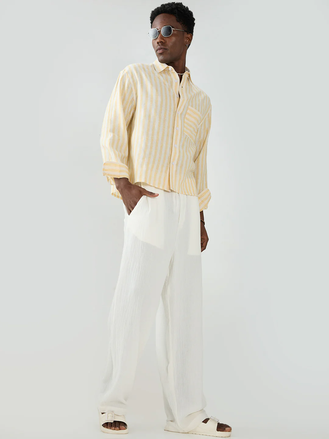 White & Yellow Balanced Striped Boxy Fit Crop Shirt - Image 8