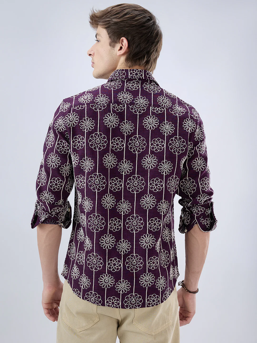 Wine Floral Embroidered Slub Shirt - Image 7