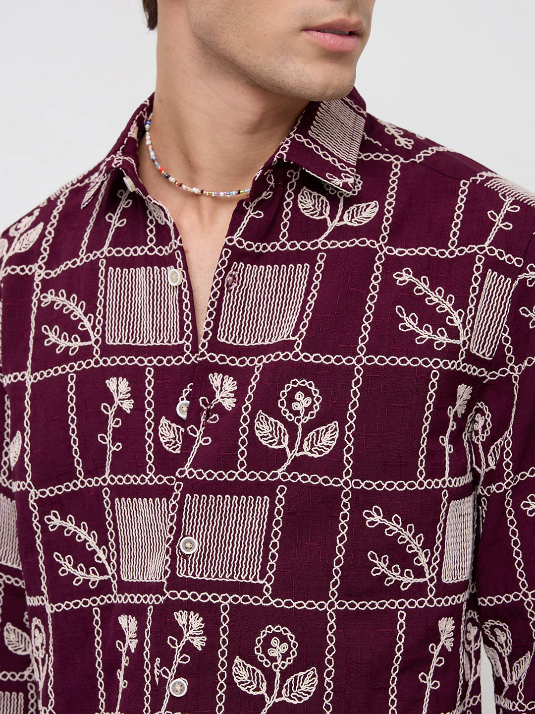 Wine Floral Frame Embroidered Slub Shirt - Image 3