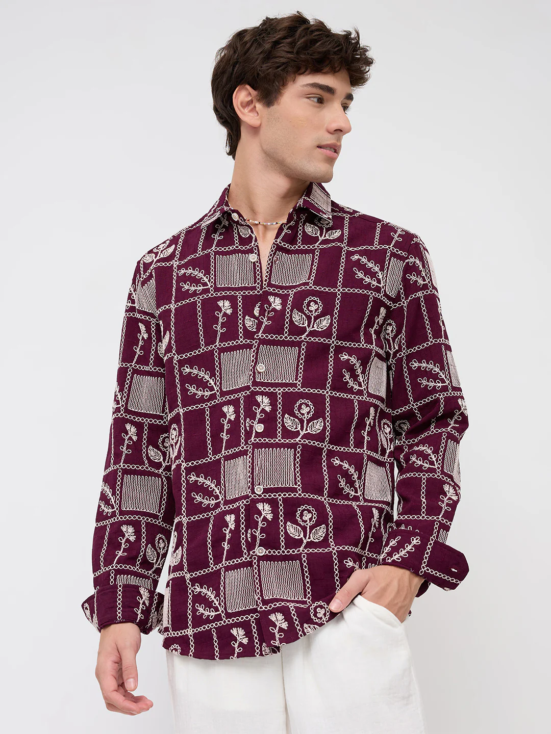 Wine Floral Frame Embroidered Slub Shirt - Image 5