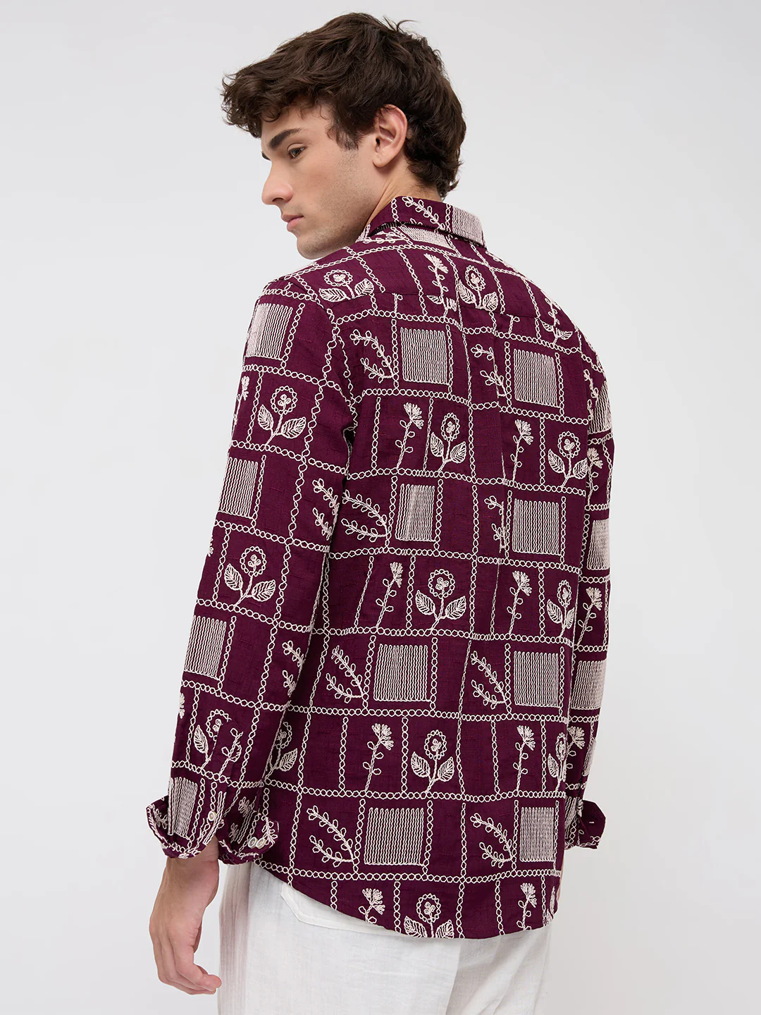 Wine Floral Frame Embroidered Slub Shirt - Image 6