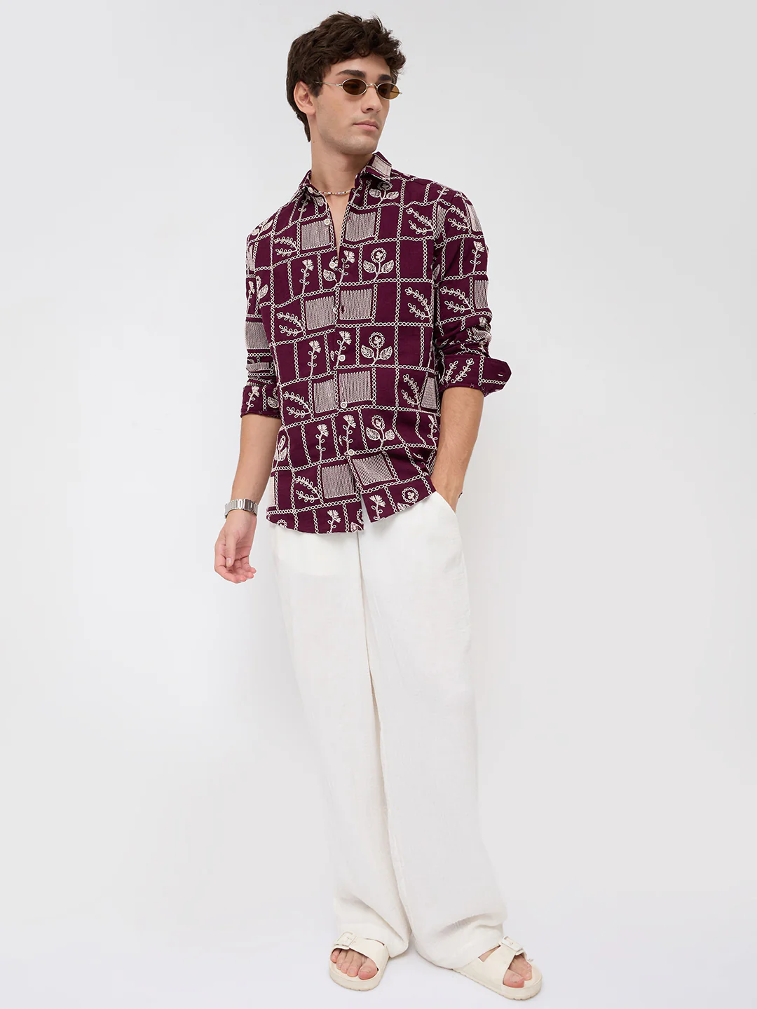 Wine Floral Frame Embroidered Slub Shirt - Image 7