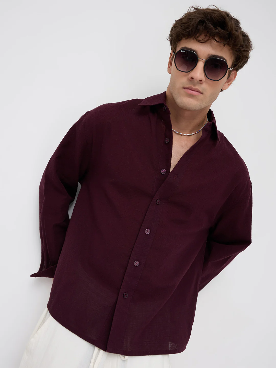 Wine Micro Jacquard Weave Boxy Fit Crop Shirt - Image 4