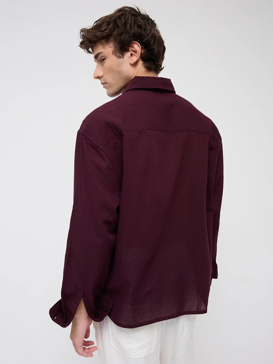 Wine Micro Jacquard Weave Boxy Fit Crop Shirt - Image 7
