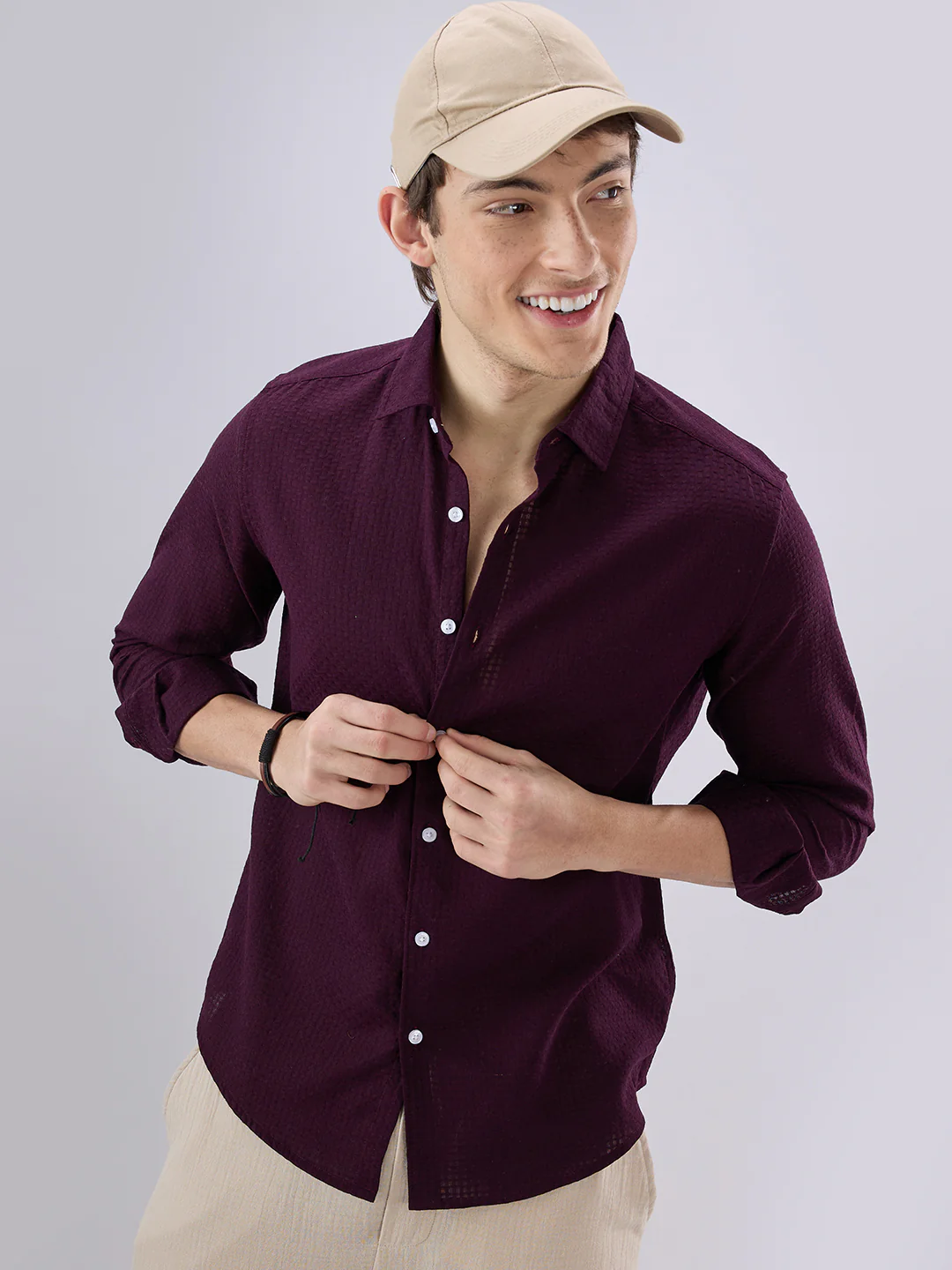 Wine Open Weave Refined Textured Shirt - Image 4