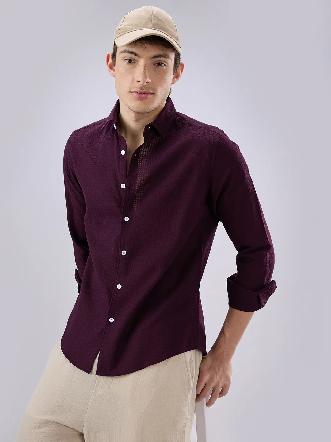 Wine Open Weave Refined Textured Shirt - Image 5